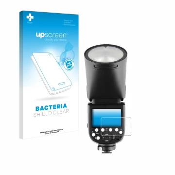 Front side of a product packaging with the brand logo upscreen. Next to it is the device Godox V1 shown with the corresponding