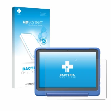 Front side of a product packaging with the brand logo upscreen. Next to it is the device Amazon Fire HD 10 Kids Pro 2023 shown