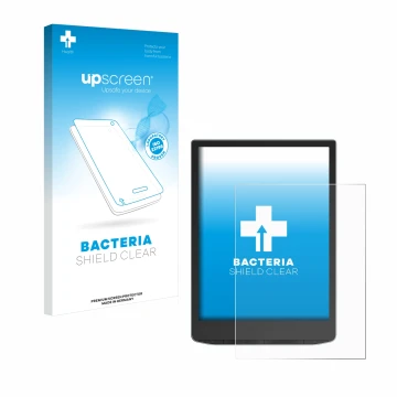 Front side of a product packaging with the brand logo upscreen. Next to it is the device PocketBook InkPad Color 3 shown with 