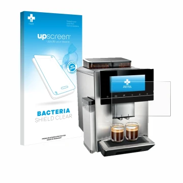 Front side of a product packaging with the brand logo upscreen. Next to it is the device Siemens EQ900 TQ907D03 shown with the