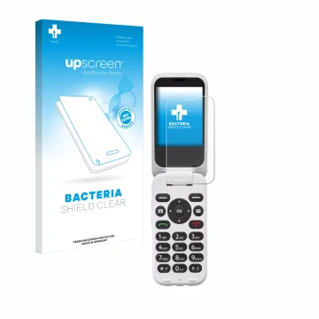 Front side of a product packaging with the brand logo upscreen. Next to it is the device Doro 6820 shown with the correspondin