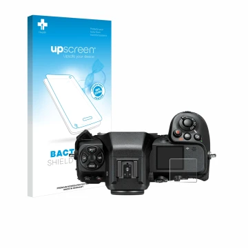 Front side of a product packaging with the brand logo upscreen. Next to it is the device Nikon Z 8 (top plate display) shown w