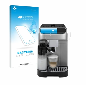 Front side of a product packaging with the brand logo upscreen. Next to it is the device DeLonghi Magnifica Plus shown with th