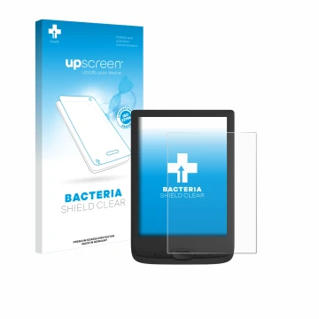 Front side of a product packaging with the brand logo upscreen. Next to it is the device PocketBook Basic Lux 4 shown with the