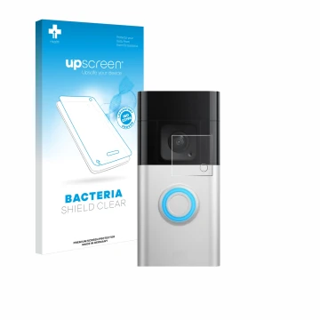 Front side of a product packaging with the brand logo upscreen. Next to it is the device Ring Video Doorbell Plus shown with t