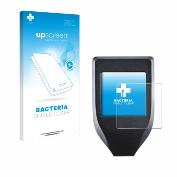 Front side of a product packaging with the brand logo upscreen. Next to it is the device Trezor Model T shown with the corresp