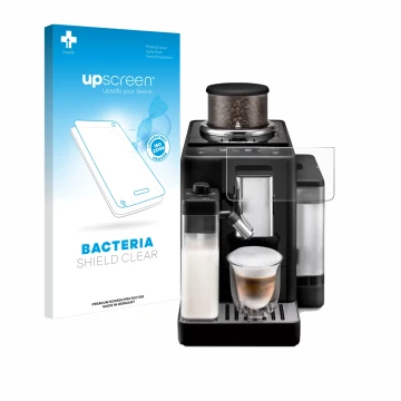 Front side of a product packaging with the brand logo upscreen. Next to it is the device DeLonghi Rivelia shown with the corre