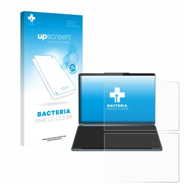 Front side of a product packaging with the brand logo upscreen. Next to it is the device Lenovo Yoga Book 9i Gen 9 shown with 