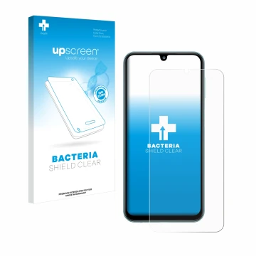 Front side of a product packaging with the brand logo upscreen. Next to it is the device Samsung Galaxy M34 shown with the cor