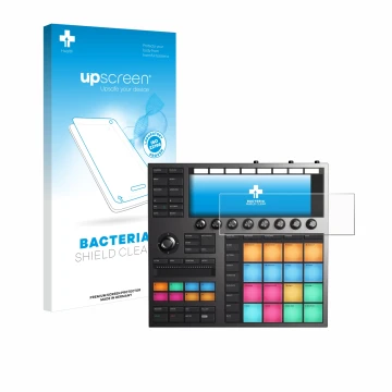 Front side of a product packaging with the brand logo upscreen. Next to it is the device Native Instruments Maschine + shown w