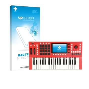 Front side of a product packaging with the brand logo upscreen. Next to it is the device Akai Professional MPC Key 37 shown wi