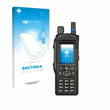 Front side of a product packaging with the brand logo upscreen. Next to it is the device Motorola MTP6650 shown with the corre