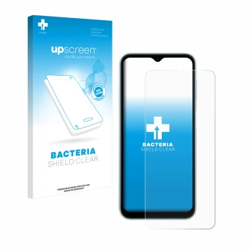 Front side of a product packaging with the brand logo upscreen. Next to it is the device Samsung Galaxy M15 shown with the cor