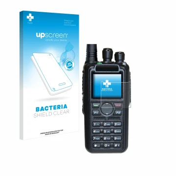 Front side of a product packaging with the brand logo upscreen. Next to it is the device AnyTone AT-D878UV II Plus shown with 