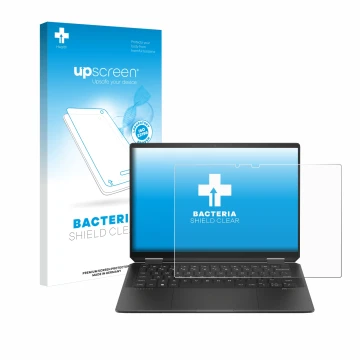 Front side of a product packaging with the brand logo upscreen. Next to it is the device HP Spectre x360 (14-e) 2024 shown wit