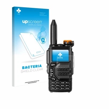 Front side of a product packaging with the brand logo upscreen. Next to it is the device Quansheng UV-K5 shown with the corres