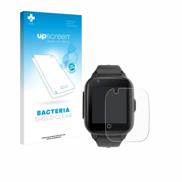 Front side of a product packaging with the brand logo upscreen. Next to it is the device Leotec Kids Allo Plus 4G shown with t