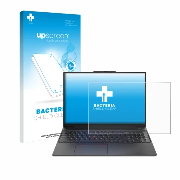 Front side of a product packaging with the brand logo upscreen. Next to it is the device Lenovo ThinkPad E16 Gen 2 shown with 