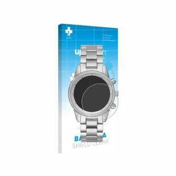 Front side of a product packaging with the brand logo upscreen. Next to it is the device Michael Kors Ritz MK6428 shown with t