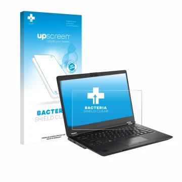 Front side of a product packaging with the brand logo upscreen. Next to it is the device Fujitsu Lifebook U7410 shown with the