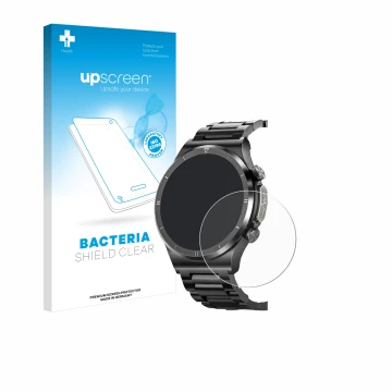 Front side of a product packaging with the brand logo upscreen. Next to it is the device Powerwill Smartwatch 1.39