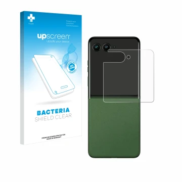 Front side of a product packaging with the brand logo upscreen. Next to it is the device Motorola Razr 50 (Back display) shown