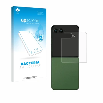 Front side of a product packaging with the brand logo upscreen. Next to it is the device Motorola Razr 50 Ultra (Back display)