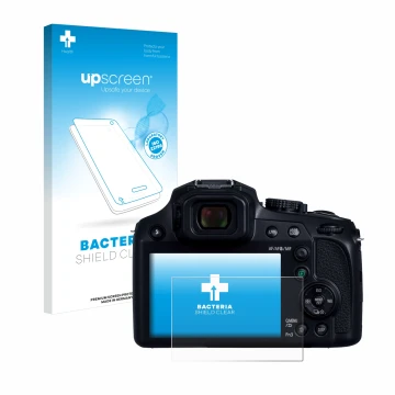 Front side of a product packaging with the brand logo upscreen. Next to it is the device Panasonic Lumix DC-FZ82D shown with t
