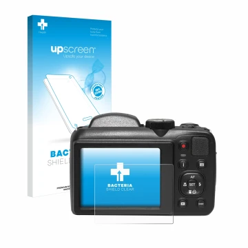 Front side of a product packaging with the brand logo upscreen. Next to it is the device Kodak Pixpro AZ255 shown with the cor