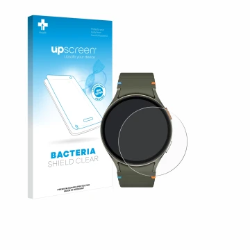 Front side of a product packaging with the brand logo upscreen. Next to it is the device Samsung Galaxy Watch 7 (44 mm) shown 