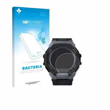 Front side of a product packaging with the brand logo upscreen. Next to it is the device Casio G-Shock G-Squad GBD-300 shown w
