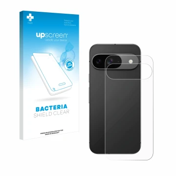 Front side of a product packaging with the brand logo upscreen. Next to it is the device Google Pixel 9 (Back) shown with the 