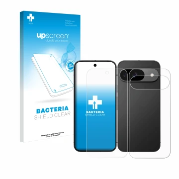 Front side of a product packaging with the brand logo upscreen. Next to it is the device Google Pixel 9 (Front+Back) shown wit