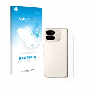 Front side of a product packaging with the brand logo upscreen. Next to it is the device Google Pixel 9 Pro Fold (Back) shown 