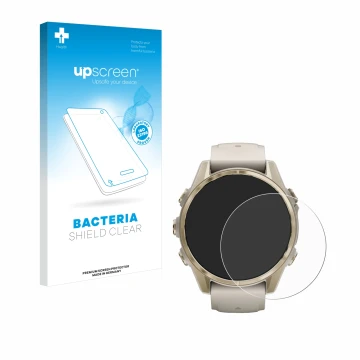 Front side of a product packaging with the brand logo upscreen. Next to it is the device Garmin Fenix 8 (43 mm) shown with the