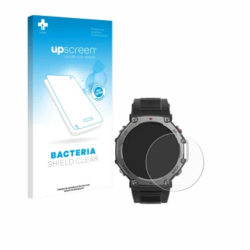 Front side of a product packaging with the brand logo upscreen. Next to it is the device Huami Amazfit T-Rex 3 shown with the 