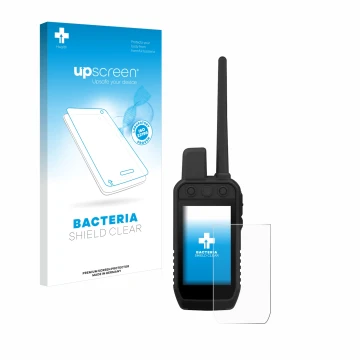 Front side of a product packaging with the brand logo upscreen. Next to it is the device Garmin Alpha 300 K shown with the cor
