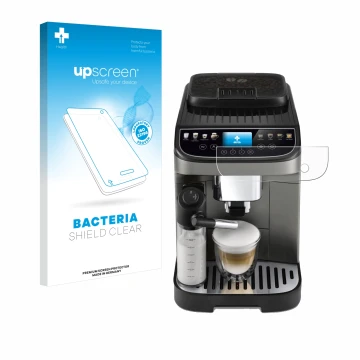 Front side of a product packaging with the brand logo upscreen. Next to it is the device DeLonghi Magnifica Evo Next shown wit