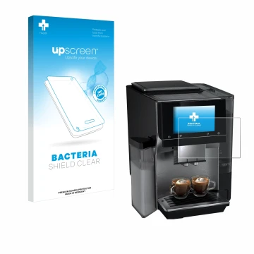 Front side of a product packaging with the brand logo upscreen. Next to it is the device Siemens EQ700 shown with the correspo