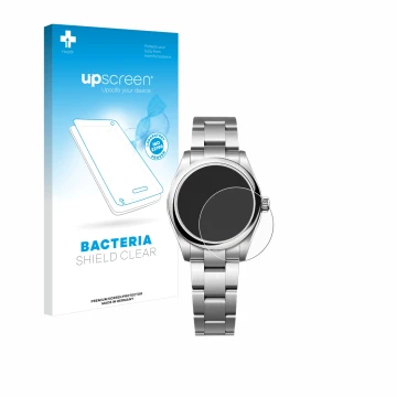 Front side of a product packaging with the brand logo upscreen. Next to it is the device Rolex Oyster Perpetual 31 shown with 