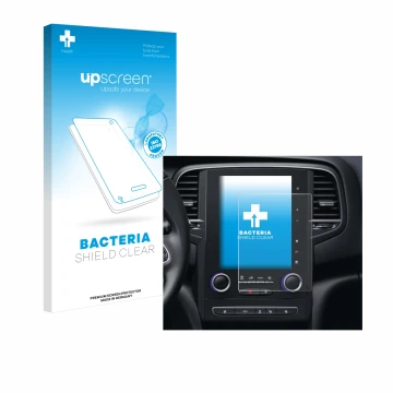 Front side of a product packaging with the brand logo upscreen. Next to it is the device Renault Scenic IV RLINK-2 2018 shown 
