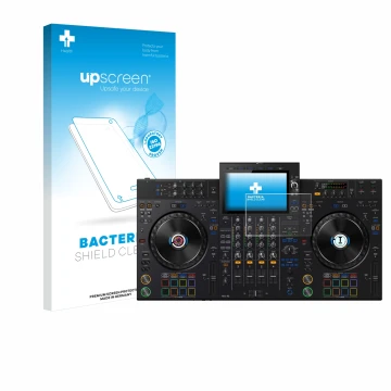 Front side of a product packaging with the brand logo upscreen. Next to it is the device AlphaTheta XDJ-AZ shown with the corr