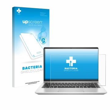 Front side of a product packaging with the brand logo upscreen. Next to it is the device HP ProBook 445 G9 shown with the corr