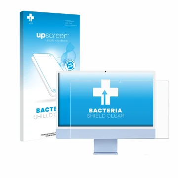 Front side of a product packaging with the brand logo upscreen. Next to it is the device Apple iMac 24