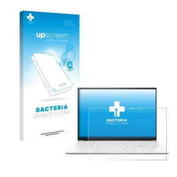 Front side of a product packaging with the brand logo upscreen. Next to it is the device ASUS ZenBook S 14 UX5406 shown with t