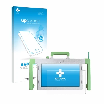 Front side of a product packaging with the brand logo upscreen. Next to it is the device Telemarie Tablet 10.1