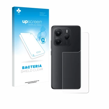 Front side of a product packaging with the brand logo upscreen. Next to it is the device Xiaomi Redmi Note 14 (Back) shown wit