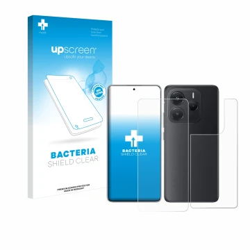 Front side of a product packaging with the brand logo upscreen. Next to it is the device Xiaomi Redmi Note 14 (Front+Back) sho