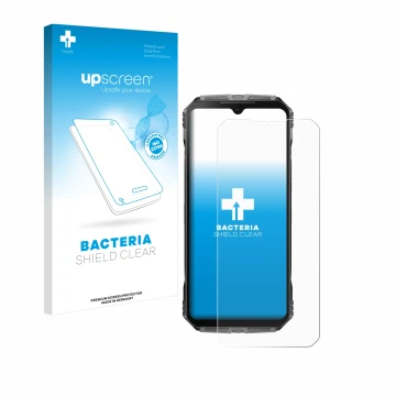 Front side of a product packaging with the brand logo upscreen. Next to it is the device Doogee S Cyber shown with the corresp