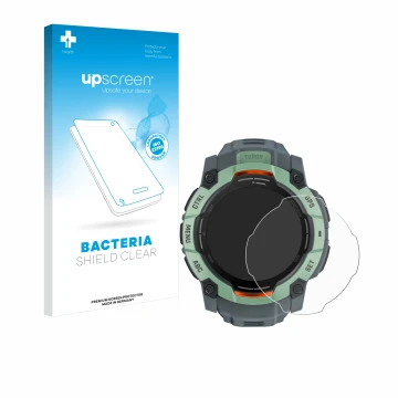 Front side of a product packaging with the brand logo upscreen. Next to it is the device Garmin Instinct 3 AMOLED (50 mm) show
